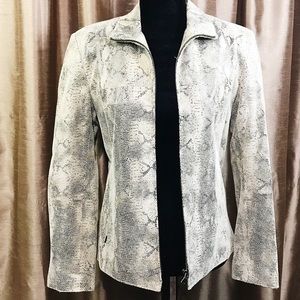 Mix It Jacket 100% Leather Beige Snake Print Lined Zips Pockets Size Small [c c]
